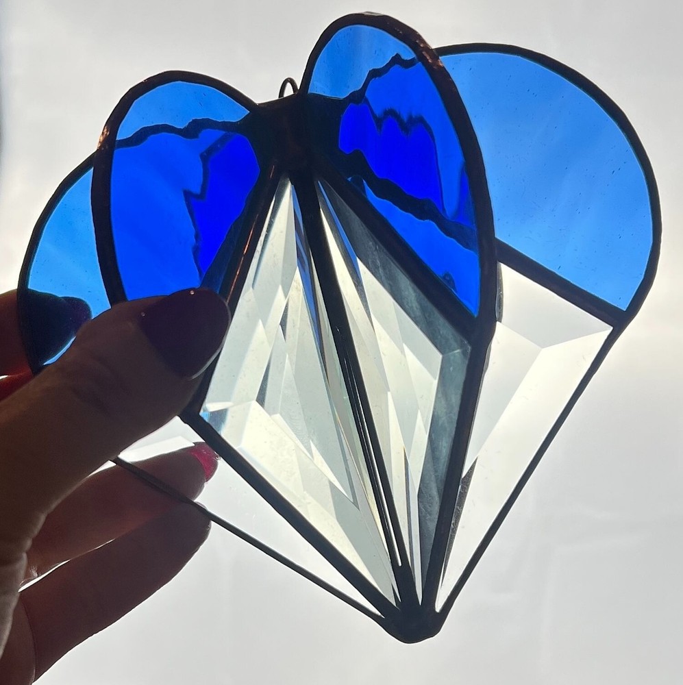 Glass Heart Multi-Sided Stained Clear & Blue Suncatcher Bevel Heart Ornament