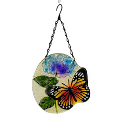 Hand-Painted Glass Suncatcher Butterfly & Hydrangea Flower Round 6″ Hanging Art