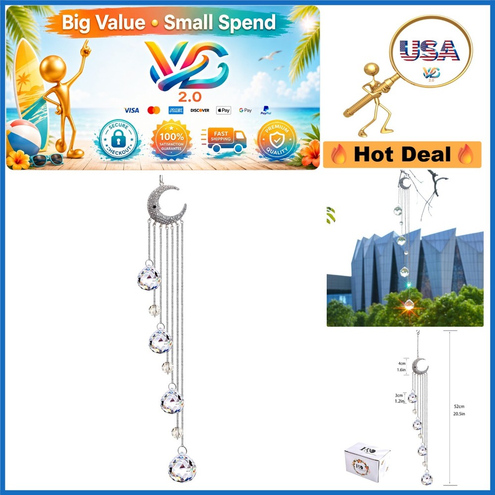 Silver Moon 20.5 Inch Crystal Suncatcher Hanging Ornament for Windows & Decor