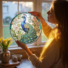 Colorful Peacock Rose Suncatcher Round Glass Window Art Decorative Bird Gift