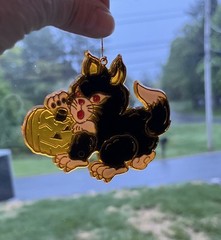 Vintage Plastic Suncatcher Black Tuxedo Cat And Pumpkin Halloween 3”