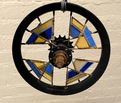 Handmade stained glass bicycle wheel art piece For Indoor/Outdoor/Garden/Porch