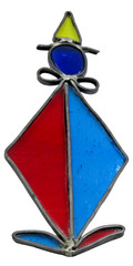 VTG XL BIG 8″ WELDED STAINED GLASS CIRCUS CLOWN BLU RED YELLOW Silver tone metal