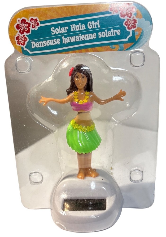Solar Powered Hula Girl Dancing Dashboard Ornament With Pink & Green Outfit 4.5″