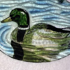 Oval Mallard Duck Design Painted Glass Window Sun Catcher with Ribbon 4.5″