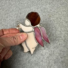 Vtg Stained Glass Angel Suncatcher Pink Wings Crystal Heart Charm Ornament 4″