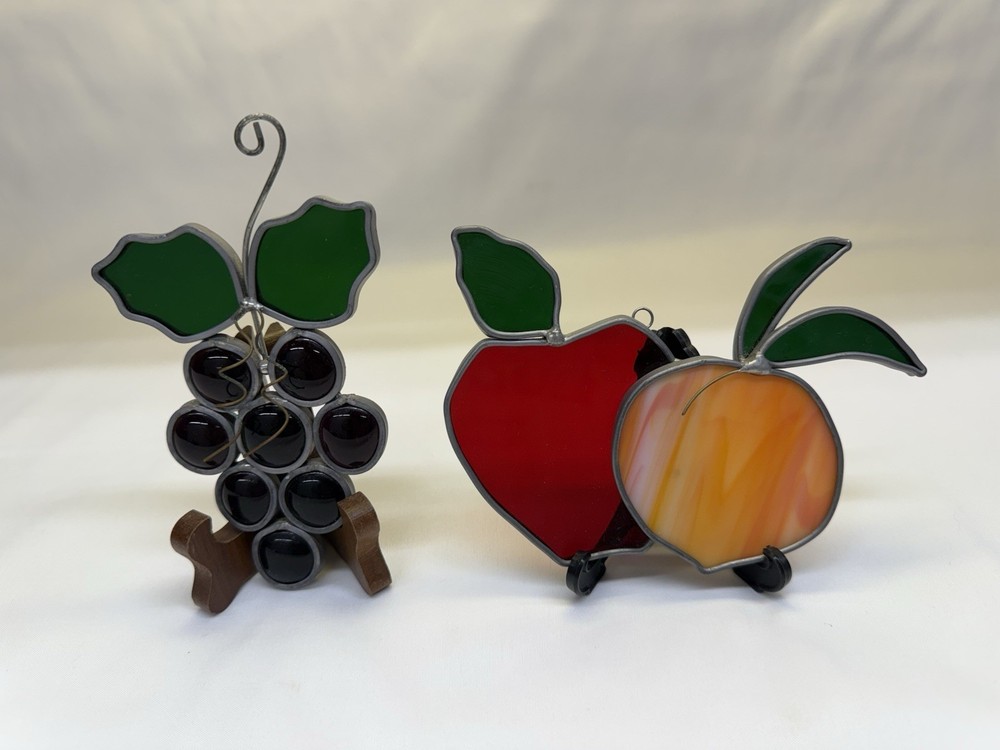Stained Glass Fruit Suncatchers Grapes Apple & Peach Lot of 2 Vtg