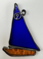 Vintage Leaded Stained Glass Blue & Orange Hanging Sailboat Suncatcher