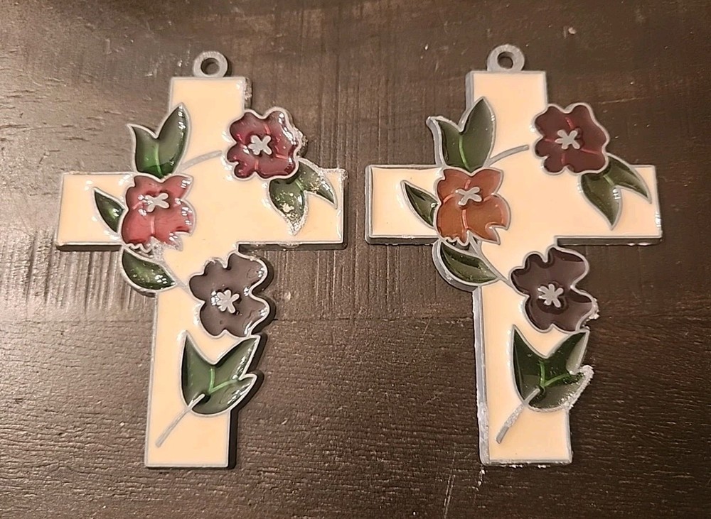 Set Of Vintage Floral Cross Stained Glass Suncatcher Flowers Religious