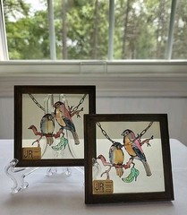 Vintage Painted Glass Art By Austrian Artist Johann Rumpf Wien Birds Robin Lot 2