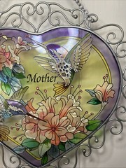 Stained Glass Hummingbird Sun Catcher Heart Shape Window Decor “Mother”