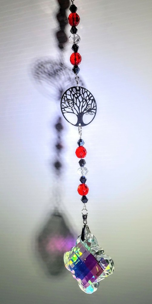 Handmade Crystal 63mAB 12″ tree of life suncatcher, red, black crystals/ clasp