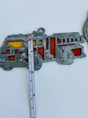 Two Vintage Fire Dept Stained Glass SunCatcher Ornaments Fireman Firefighter
