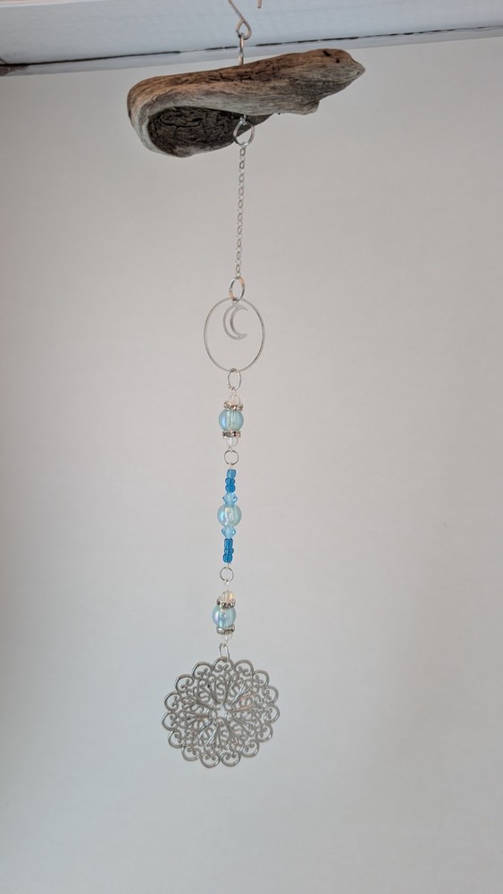Handmade Suncatcher On Lake Erie Driftwood Beaded with Moon and Medallion 12″