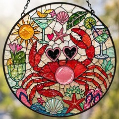 Stained Glass Beach Suncatcher, Ocean Wave Window Hanging, Coastal Seashell Crab