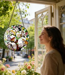 Colorful Tree of Life Stained Glass Suncatcher Kitten Design Home Decor 7.8″