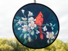 RED Cardinal on FORAL Branch 4.5″ Round SUNCATCHER Hand Painted GLASS Free Ship