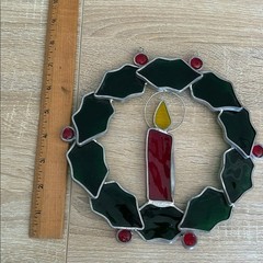 Vintage Stained Glass Christmas Wreath with Candle 8 inch Sun Catcher