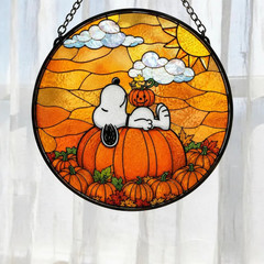 Sno.opy Pumpkin Stained Glass Suncatcher, Wo.odst.ock Fall Window Hanging