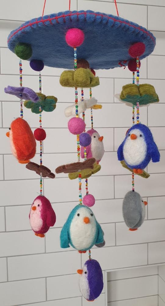 Mobile Handmade Felt Boiled Wool Penguins Vibrant Colors Beads Children New 25″