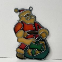 Santa Claus w/Sack Of Presents Stained Glass Christmas Sun Catcher Vintage