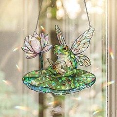 Fairy Frog Reading on Lily Pad Suncatcher Hologram Window Hanging Garden Decor