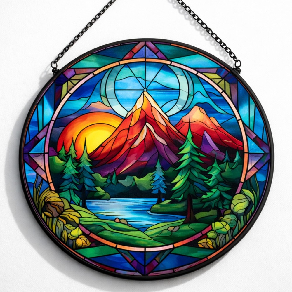 Mountain Lake Sunset Stained Glass Suncatcher 7.8″ Round Window Decor