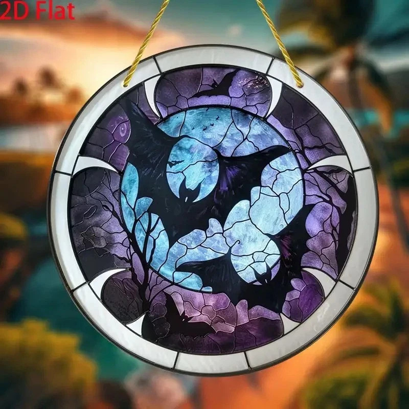 Halloween Bat Full Moon Round Acrylic Suncatcher Window Hanging Gothic Decor