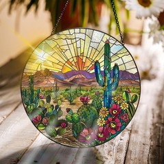 Cactus Stained Glass Suncatcher for Indoor Window or Doorway Decoration 7.8″