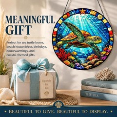 Symbolic Round Sea Turtle Suncatcher – 7.87″ Stained Glass Indoor Decor