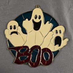 Vintage Three Ghosts Halloween Suncatcher 5 x 5″ Boo Metal & Enamel Happy Spooky