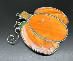 Leaded Stain Slag Glass Orange Pumpkin Hanging Suncatcher 4″ Window Decor