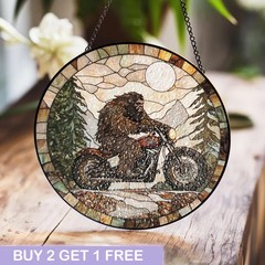 Bigfoot Motorcycle Stained Glass Suncatcher Biker Sasquatch Art Decor