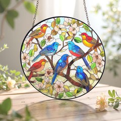 Colorful Birds on Branch Suncatcher Nature Inspired Round Glass Window Art