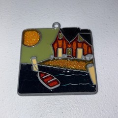 Stained Sparkling Glass Waterfront Cabin On The Lake with a Boat – SunCatcher 3”