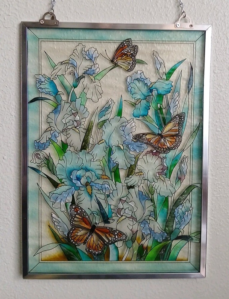 Vtg Hand Painted Glass Suncatcher Butterflies Bright Colors Denver.17.5″ x 11.5″