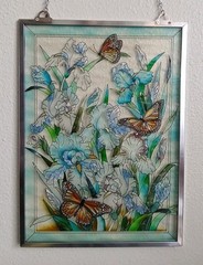Vtg Hand Painted Glass Suncatcher Butterflies Bright Colors Denver.17.5″ x 11.5″