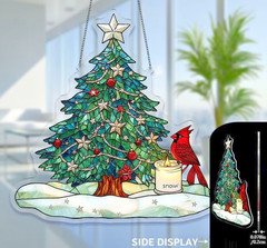 2D Flat Acrylic CHRISTMAS TREE WITH CARDINAL COLORFUL Suncatcher 7.8″Window Deco