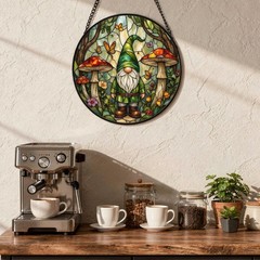 Gnome Stained Glass Suncatcher with Mushroom & Butterfly – Whimsical Home Decor