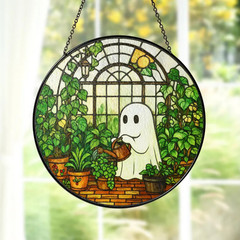 Cute Ghost Greenhouse Stained Glass Suncatcher, Halloween Ghost Window Hanging