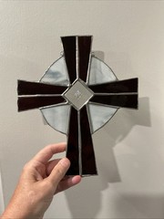 Vintage Stained Glass Cross Suncatcher Red, Gray Slag Glass Beveled Ctr Hanging