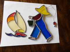 Vintage Lot Of 2 Leaded Suncatchers Sail Boat & Boy Going Fishing