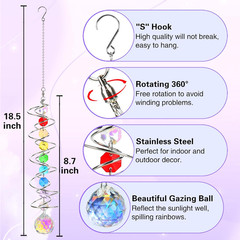 Suncatcher Wind Spinner Gazing Ball Spiral Tail, Crystal Sun Catchers with Seven