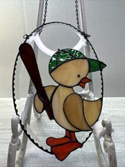 VINTAGE HANDMADE Beveled stained glass Chick Baseball Hat And Bat Suncatcher
