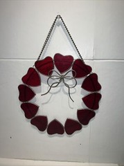 Stained Glass Window Panel Hanging Sun Catcher 9” Red Hearts With Bow