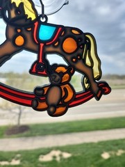 Vtg Rocking Horse & Teddy Bear Hanging Sun Catcher Resin Stained Glass