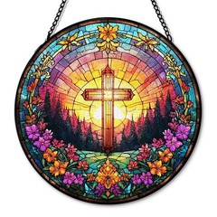 Christian Cross Suncatcher Garden Stained Glass Window Hanging, Christian Flo…