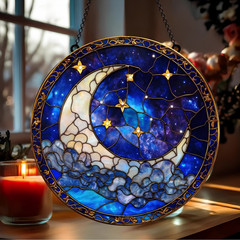 Moon Star Celestial Night Sky Stained Glass Suncatcher Window Hanging Decor