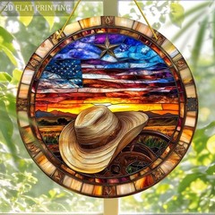 4th of July Western Cowboy Sunset American Flag Round Acrylic Wall Art Ornament
