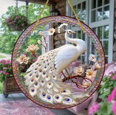 Stunning White Peacock Suncatcher-8″ Acrylic, Stained Glass Look, Large Gr8 Gift